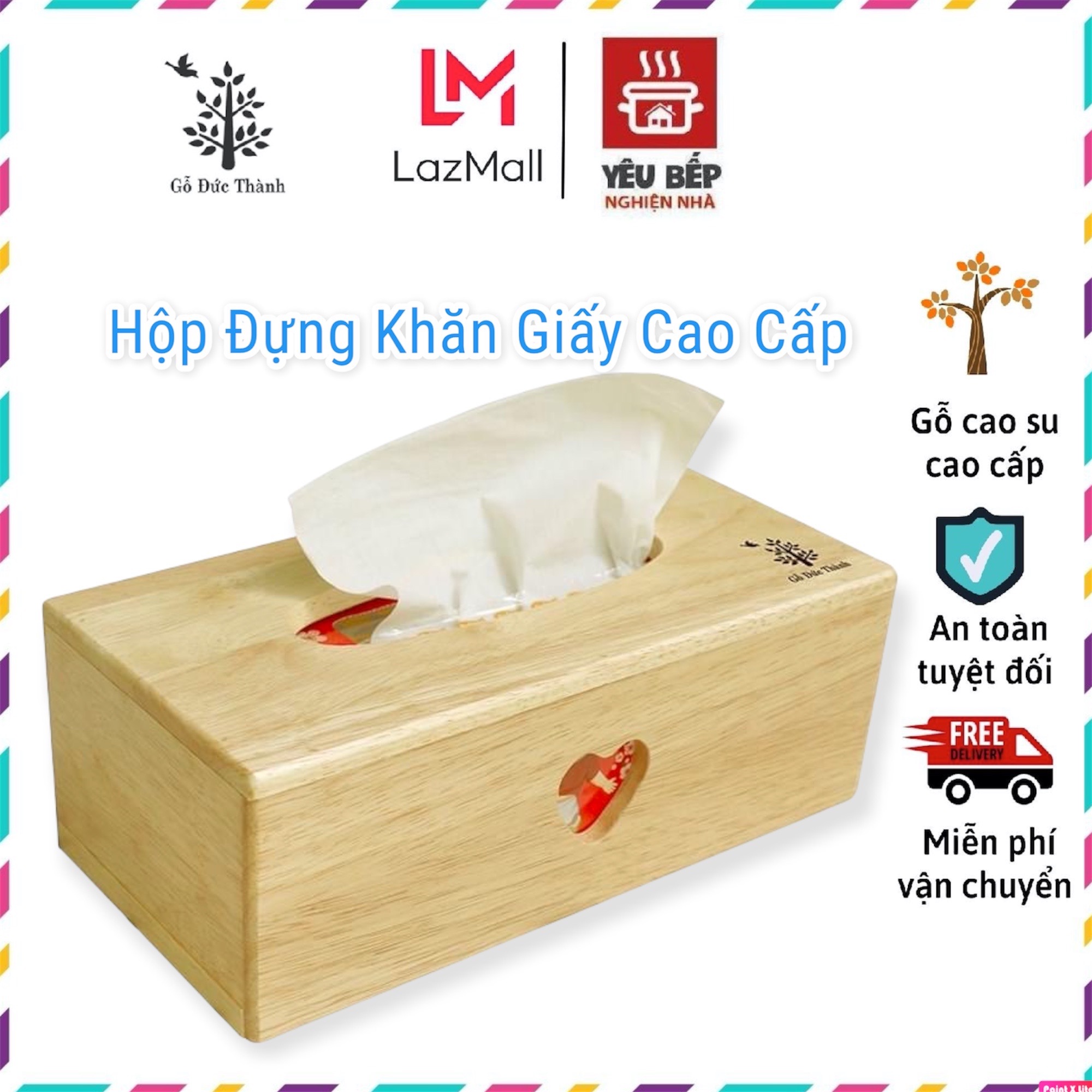 Hộp đựng khăn giấy hình chữ nhật gỗ cao su tự nhiên - gỗ đức thành