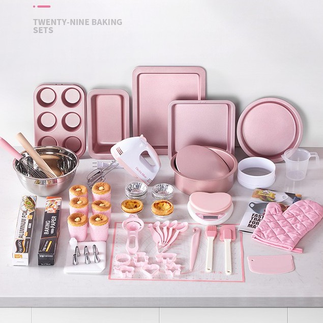 Bộ dụng cụ làm bánh màu hồng Hello Kitty 28 chi tiết - Dụng cụ làm bánh kem, bánh tart, bánh muffin