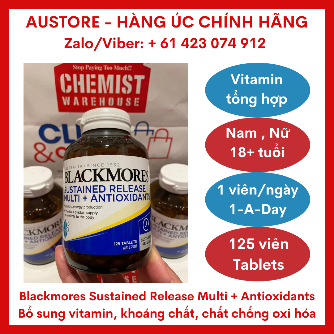[Bill Úc, Date mới] Vitamin tổng hợp Blackmores Sustained Release Multi + Antioxidants 125 Tablets - Bổ sung 24 chất dinh dưỡng quan trọng hàng ngày cho cơ thể khoẻ mạnh, giúp trẻ hóa làn da và da sáng mịn, chống oxy hoá và ngăn rụng tóc