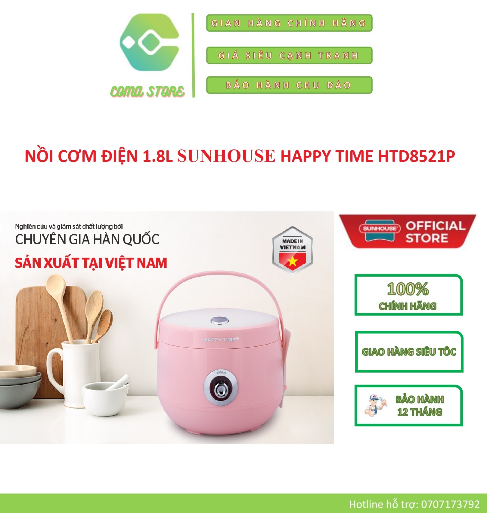 Htd8521p - nồi cơm điện sunhouse happy time 1.8l chống dính – bảo hành chính hãng 12 tháng