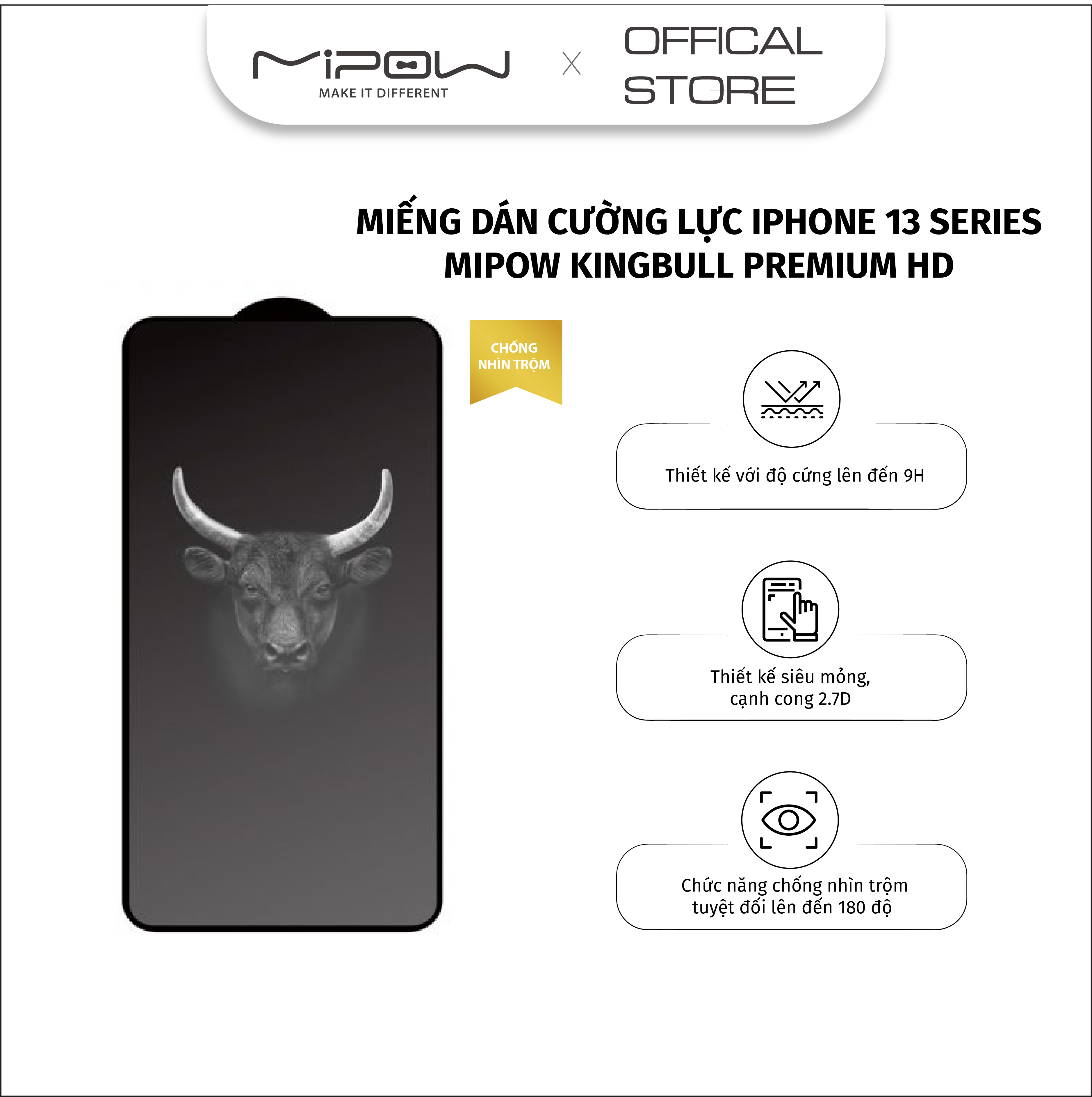 MIẾNG DÁN CƯỜNG LỰC CHỐNG NHÌN TRỘM MIPOW KINGBULL PREMIUM HD (2.7D) IPHONE 13 I 13 PRO/13PROMAX