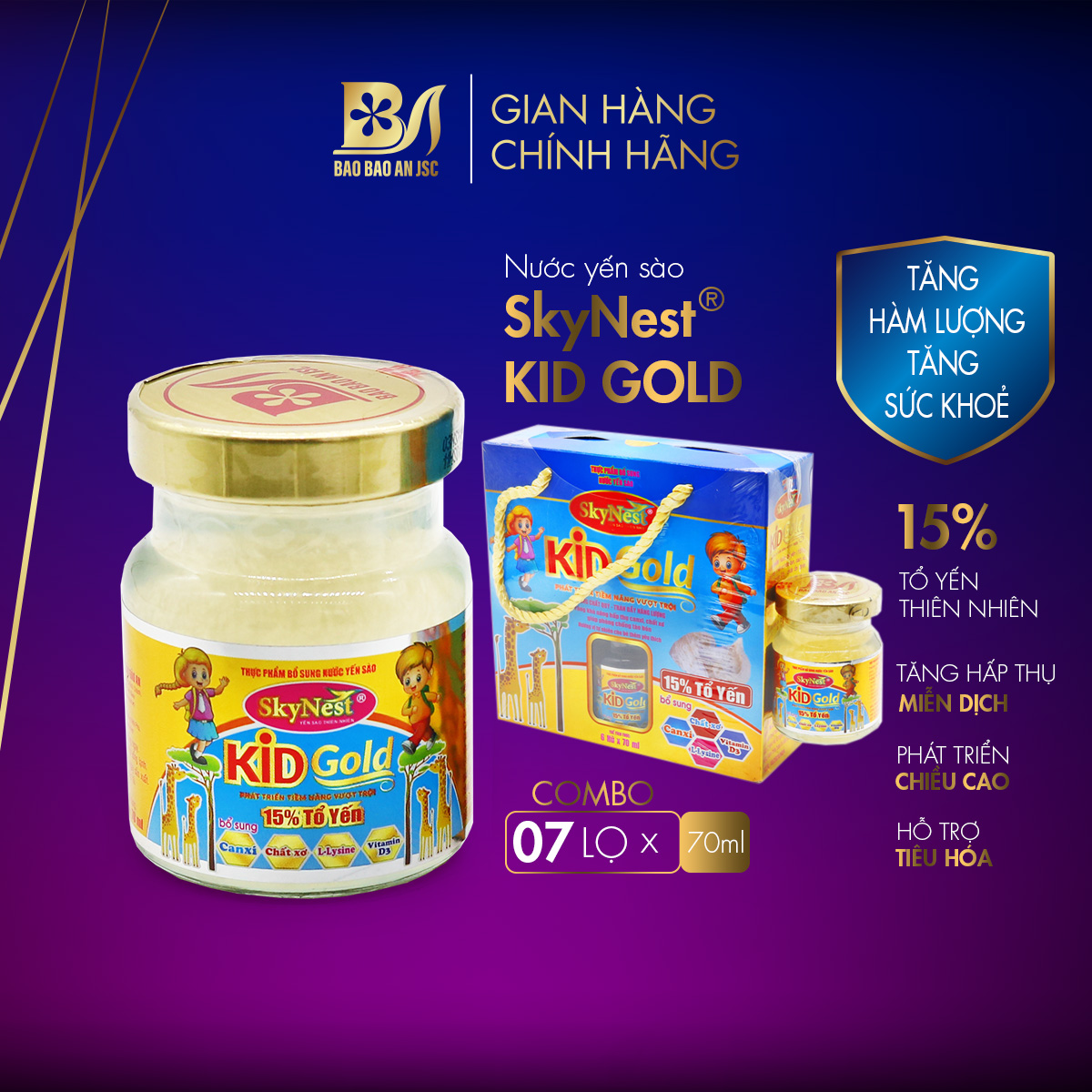 (MUA 6 TẶNG 1) Nước yến sào SkyNest Kid Gold 15% Tổ Yến (7 lọ x 70ml) -Thực phẩm bổ sung cho trẻ nhỏ