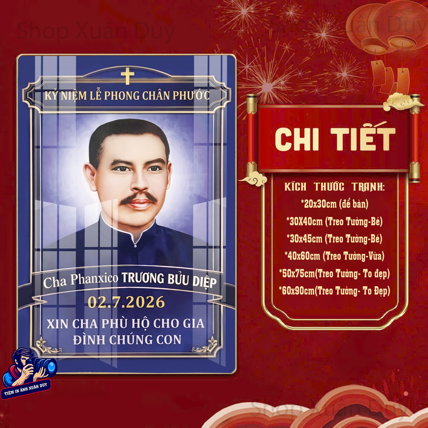 [ Hình Cha Bửu Diệp ] Khung Tranh gỗ tráng gương dày 13MM, Bo viền vàng cao cấp, Treo phòng thờ, Decor Phòng
