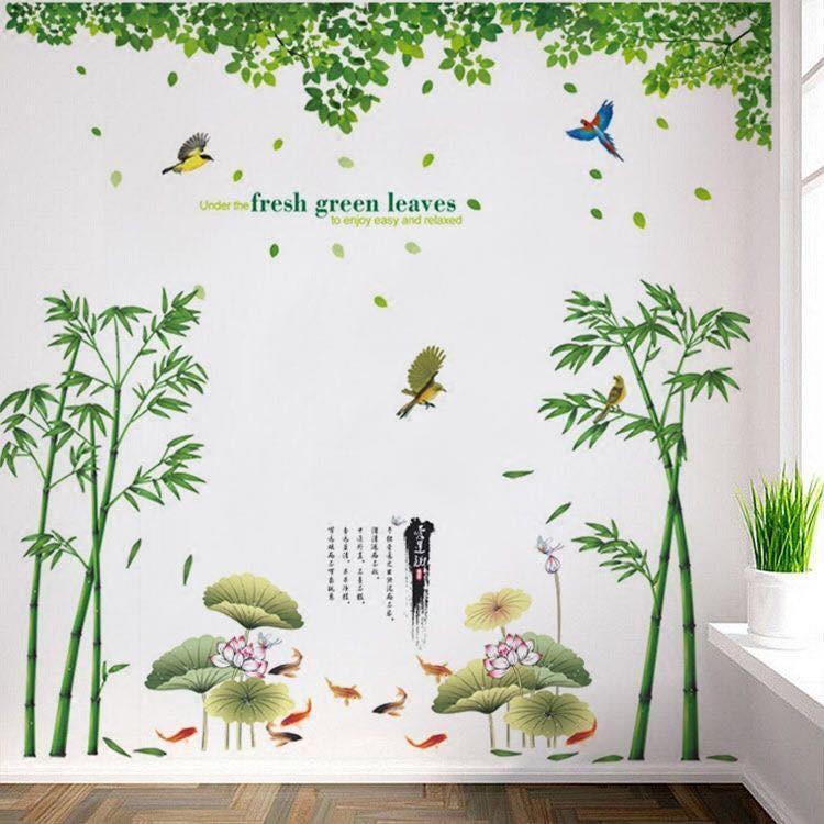 Combo 3 bức decal dán tường cỡ lớn kết hợp sen tre làng quê và tán lá lớn