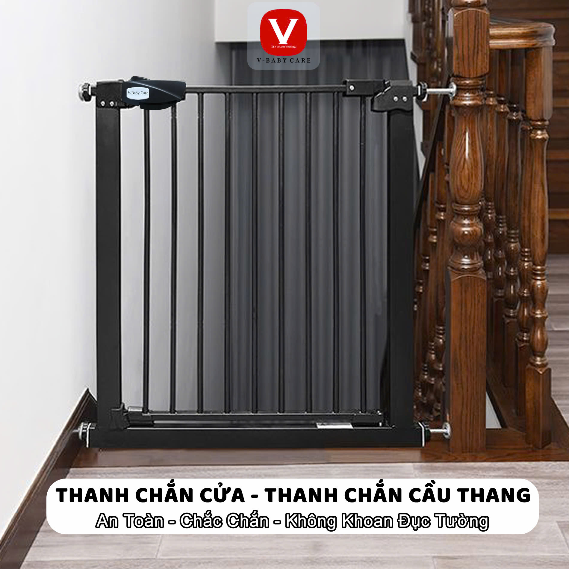 Thanh Chắn Cầu Thang, Hành Lang Màu Đen, Chắn Cửa Bảo Vệ Bé Không Khoan Đục V-BABY