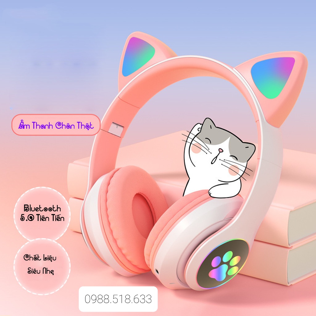 Tai Nghe Mèo Bluetooth Chụp Tai, Headphone Tai Mèo Dễ Thương Có Mic, Âm Bass Mạnh Mẽ Bảo Hành 12 Tháng Hàng Cao Cấp Chính Hãng