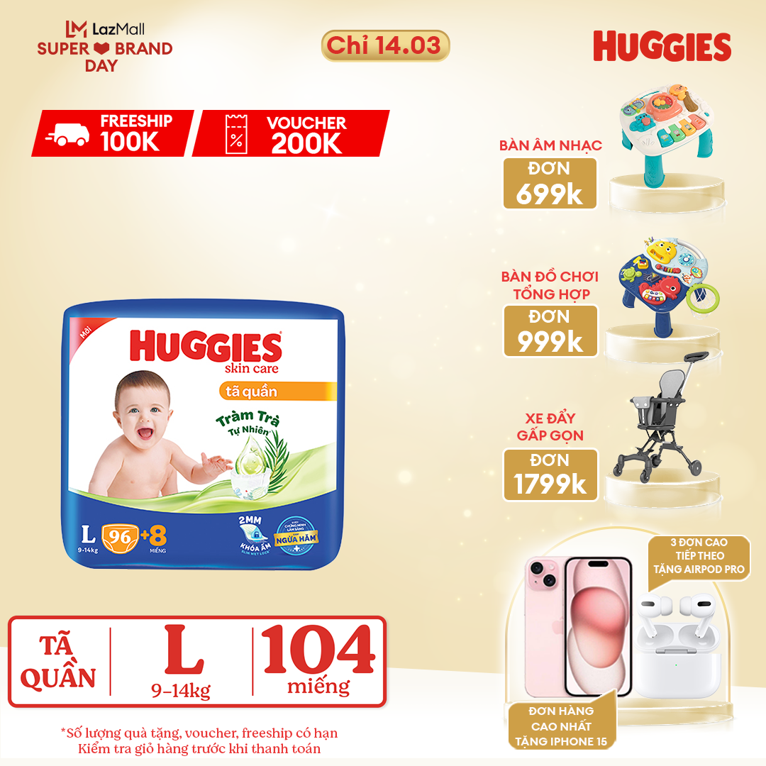 CHỈ 14.3 GIẢM THÊM ĐẾN 120K Gói Tã/bỉm quần HUGGIES SKINCARE MEGA JUMBO size L968 miếng