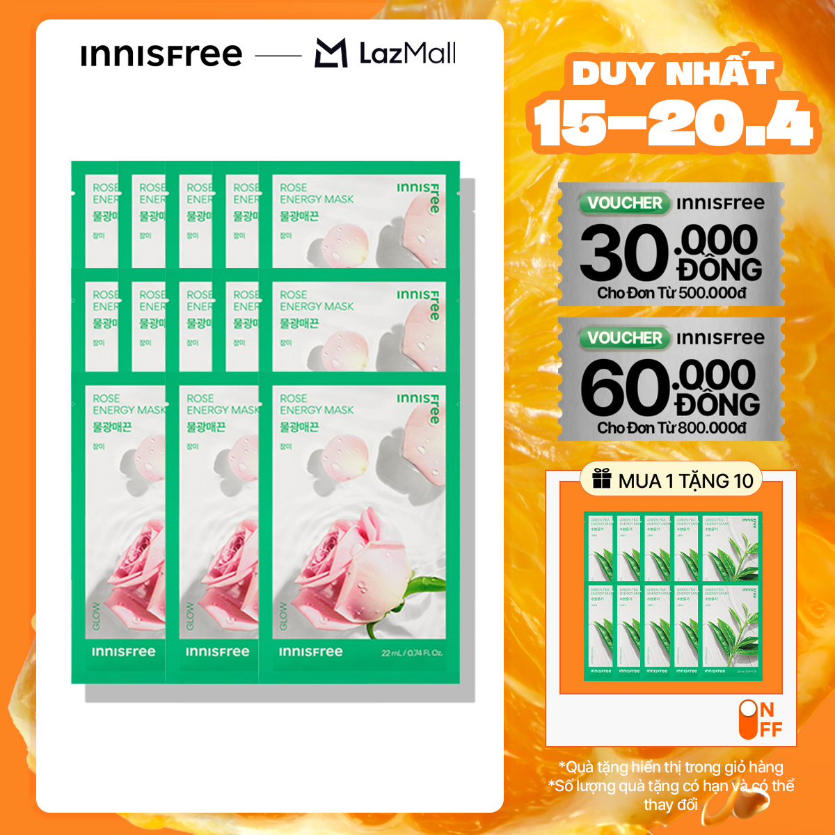 Combo 15 Mặt nạ giấy dưỡng da Hàn Quốc INNISFREE Energy Mask - Rose Hoa Hồng