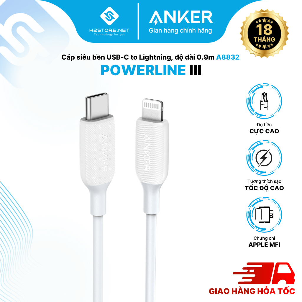 Cáp sạc nhanh cho iphone anker powerline iii usb-c to lightning, 0.9m - a8832