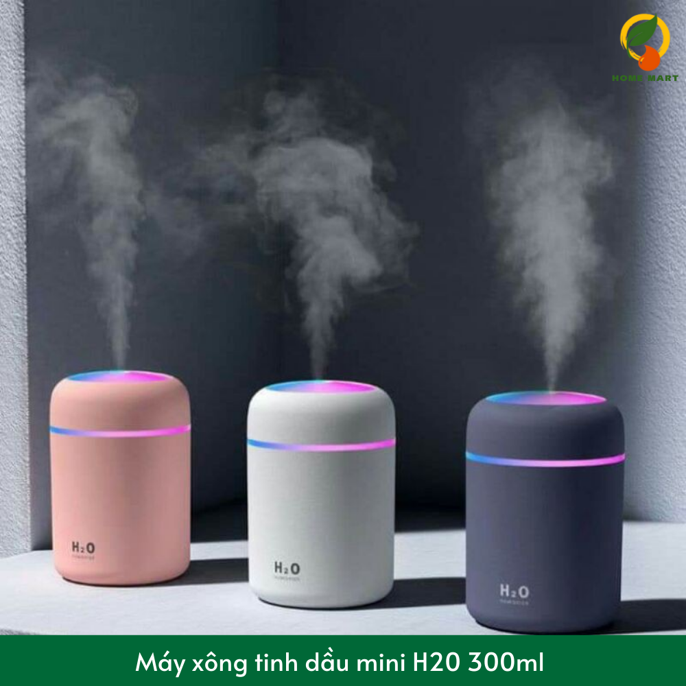 Máy xông tinh dầu khuếch tán tinh dầu Humidifier H2O hình trụ 300ml: phun sương tạo độ ẩm, lan tỏa hương thơm, đèn Led 7