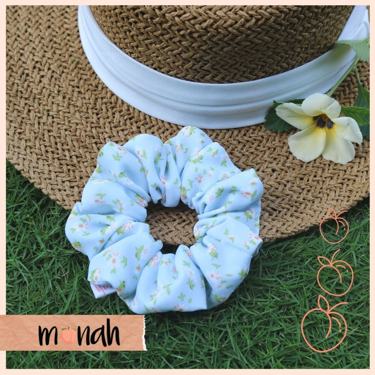Dây cột tóc buộc tóc scrunchie voan hoa xanh hoạ tiết nhẹ nhàng thanh lịch