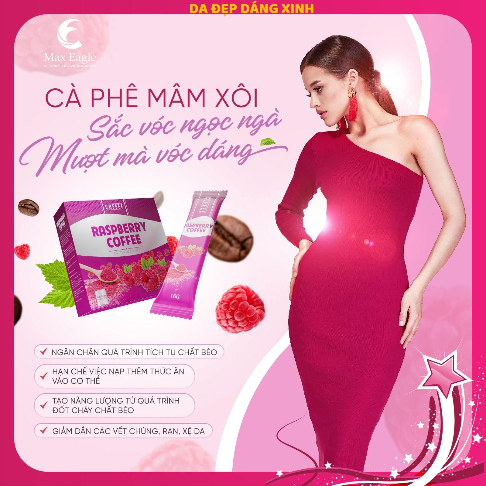 Cà phê giảm cân mâm xôi Raspberry Coffee 100% chính hãng hộp 15 gói