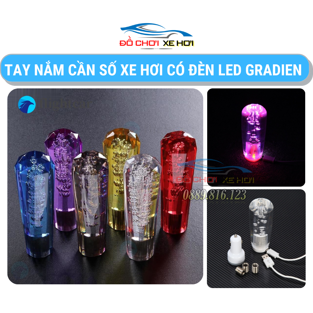 Tay nắm cần số xe hơi có đèn led gradient 10/15cm nhiều màu tay nắm cần số xe hơi pha lê trong suốt có đèn led