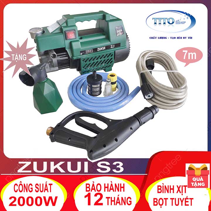 MÁY RỬA XE GIA ĐÌNH ZUKUI S3 - 2000W - DÂY CAO ÁP 7m – tặng bình bọt xà bông