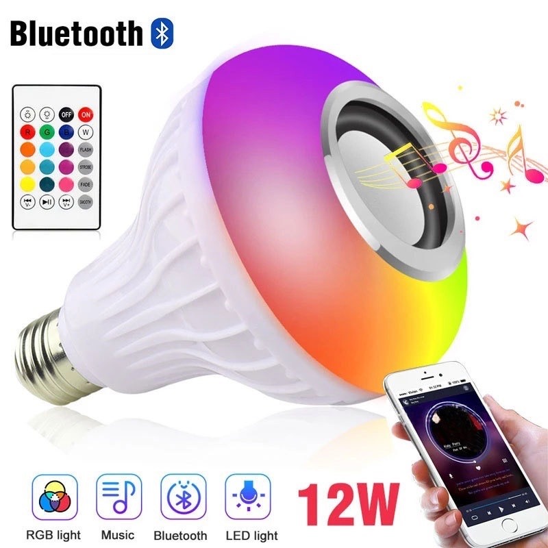 Đèn led 12 màu kèm loa bluetooth âm bass siêu trầm cảm ứng nhạc bóng đèn led 7 màu kèm loa bluetooth remote, đèn trang trí đèn mini