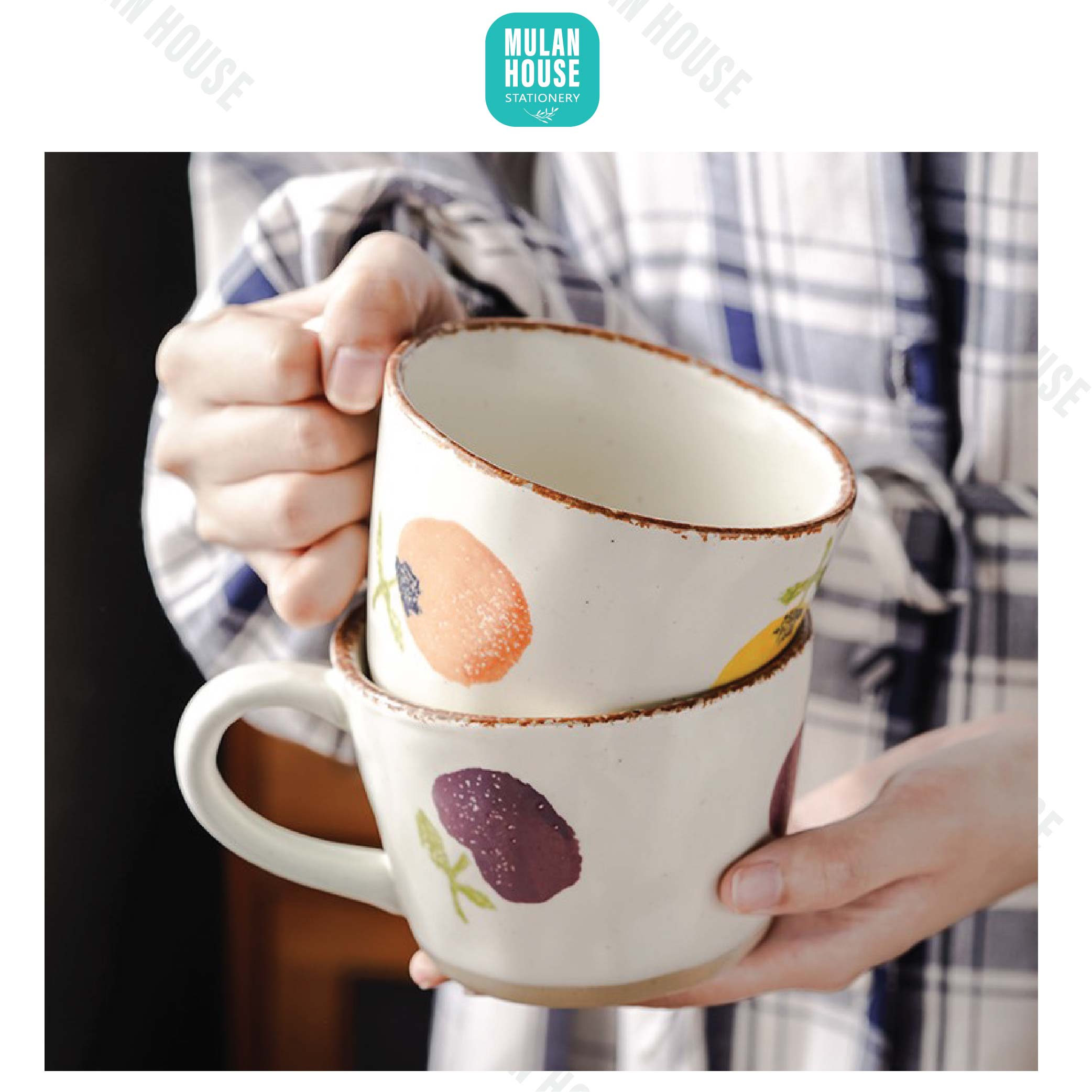 Cốc sứ, ly sứ uống trà cafe họa tiết vẽ tay phong cách Hàn Quốc 360ml chất lượng cao