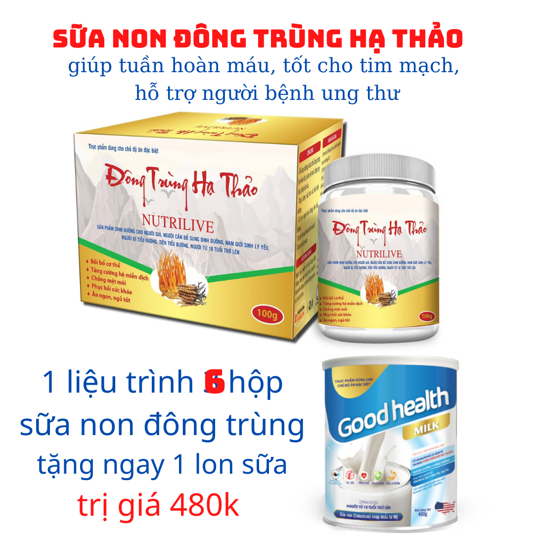 Liệu trình 3 Hộp Sữa non Đông Trùng Hạ Thảo NUTRILIVE tốt cho tim mạch, bệnh nhân Ung thư, tiểu đường, đào thải mỡ máu, gan, bổ thận, tăng sức đề kháng... 2 liệu trình 6 hộp Tặng ngay lon sữa Goodhealth 480k