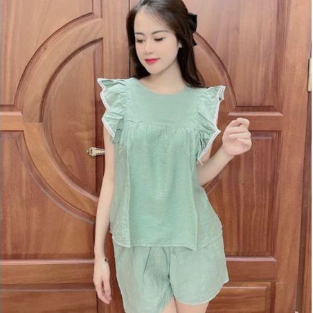 Sét đồ bộ nữ, Áo cổ tròn phối bèo ren cánh tiên, Chất đũi lụa siêu mát