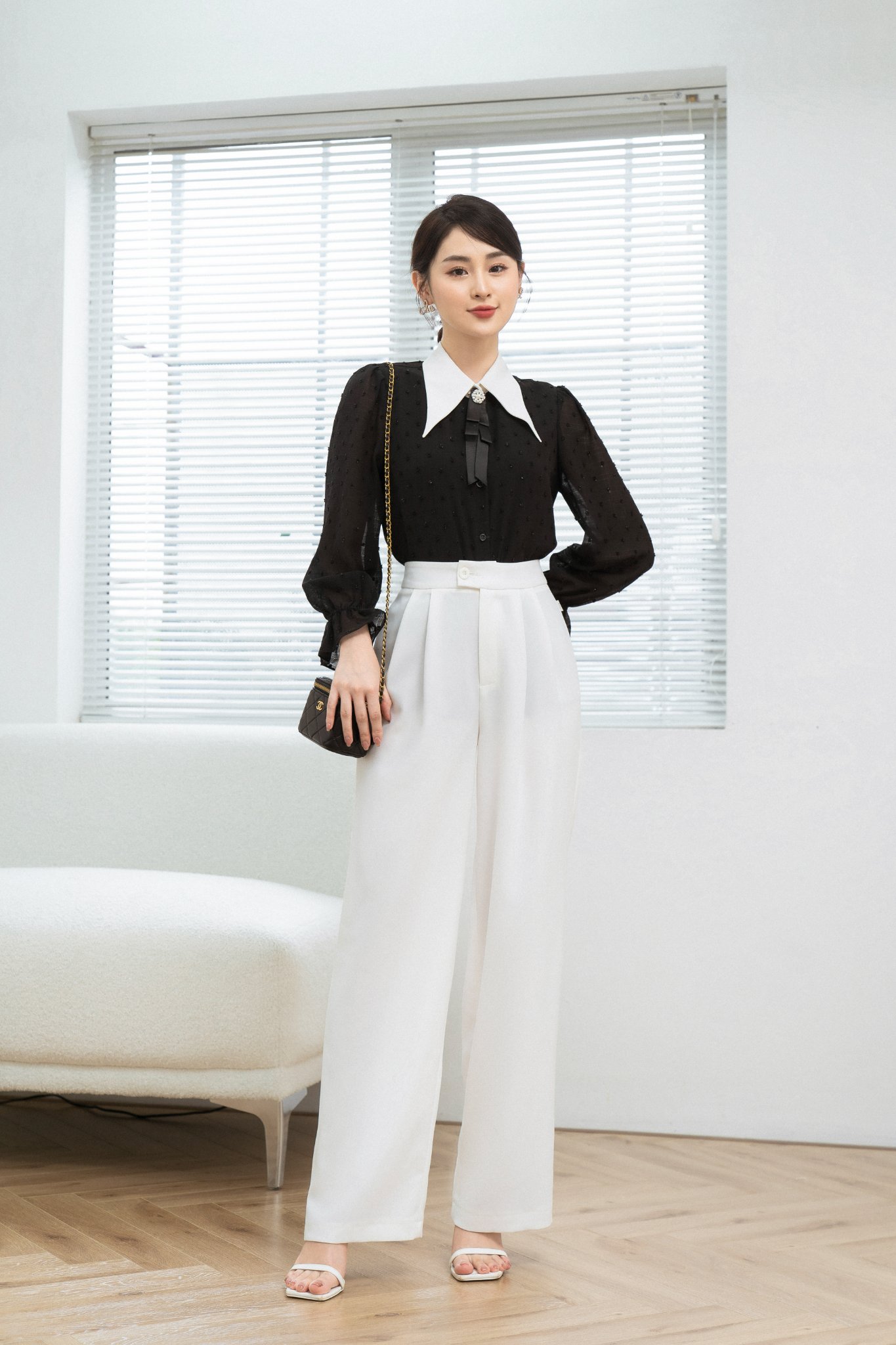 Áo sơ mi cổ đức nhọn tay chun loe tiinstore ahd472