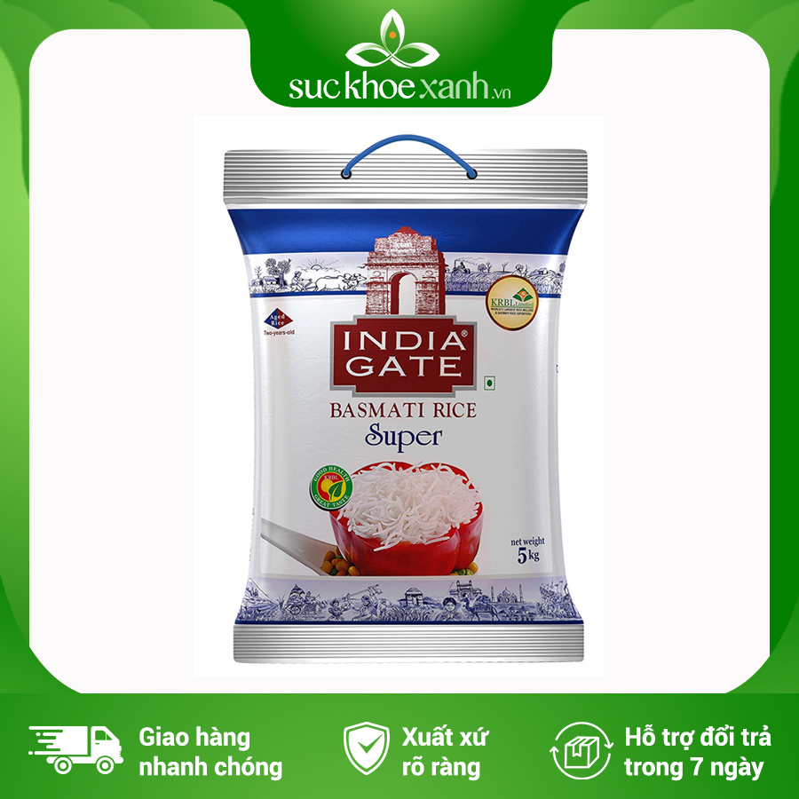 Gạo Basmati India Gate Super (Ấn Độ) 5kg (thêm 20% trọng lượng - giá không đổi) ngăn ngừa tiểu đường