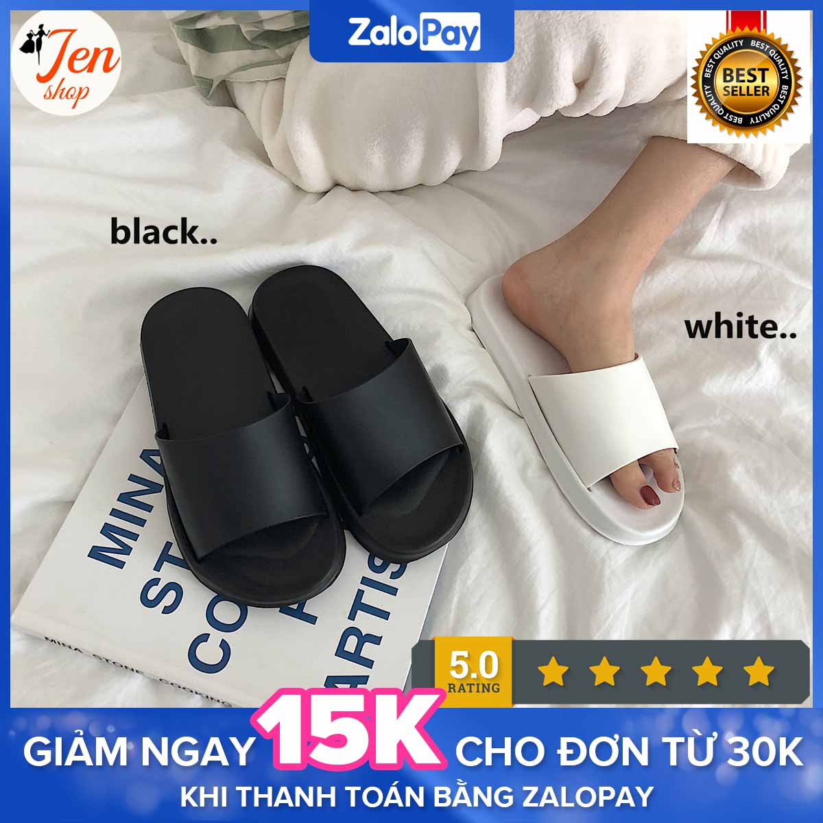 Dép lê quai ngang basic màu trơn Full đen, trắng