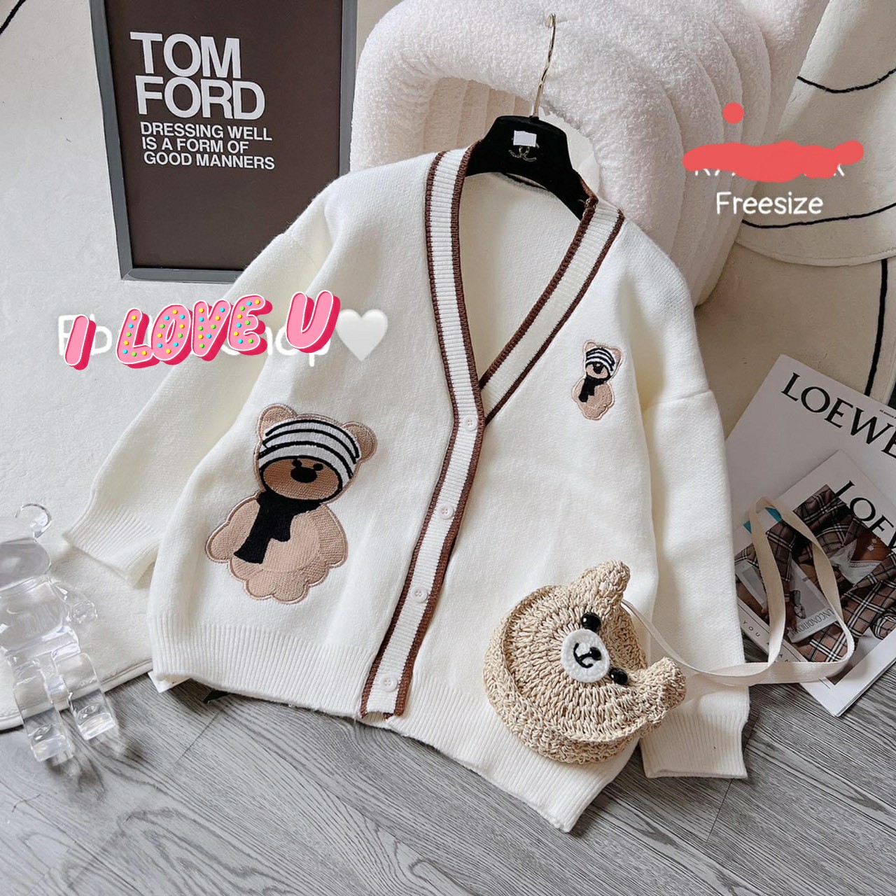 Áo khoác len cardigan nữ thiêu hình gấu vải len dệt kim dày mịn