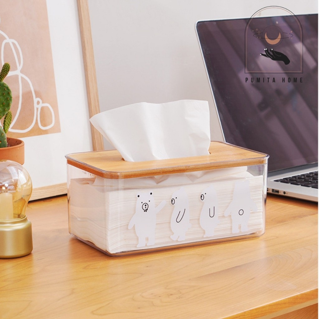 Hộp đựng giấy ăn khăn giấy trong suốt hình gấu trắng hot tiktok trung quốc nắp gỗ tiện dụng pumita