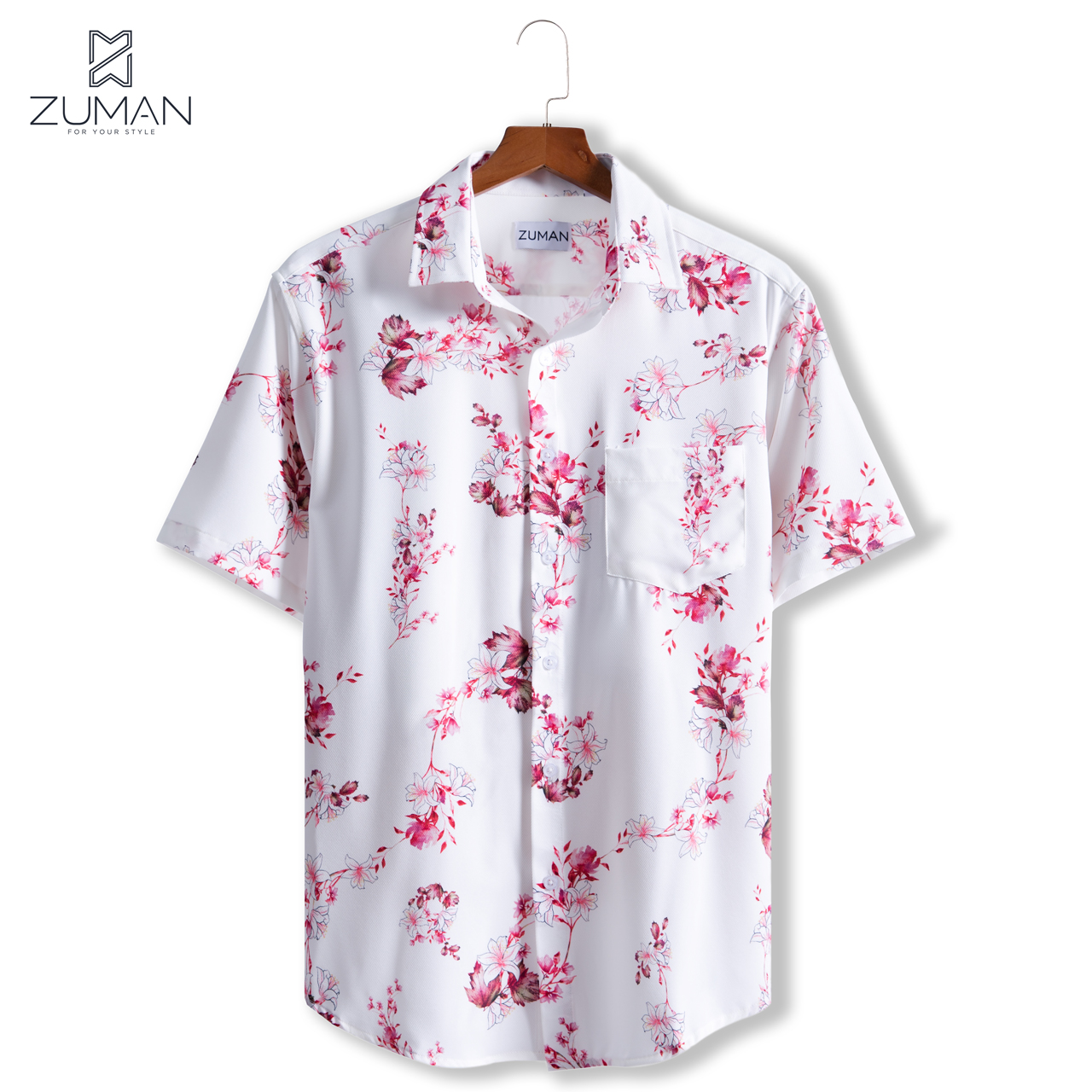 Áo sơ mi nam ngắn tay vải lụa thiết kế hoạ tiết hoa anh đào tinh tế đơn giản - ZUMAN - ASM122
