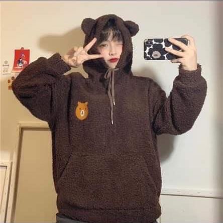 Áo lông hoodie thêu gấu nâu, áo hoodie lông unisex, áo lông nữ, áo lông gấu mượt mà, áo lông mũ gấu, áo sweatshirts nữ, áo sweater nam nữ, áo lông cừu ulzzang, CLOWE