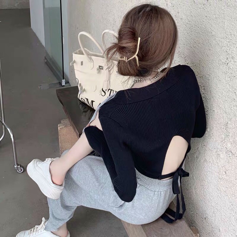 Áo kiểu croptop cổ bẻ tay dài hở lưng sexy thun gân mịn phối đồ cá tính cho bạn gái