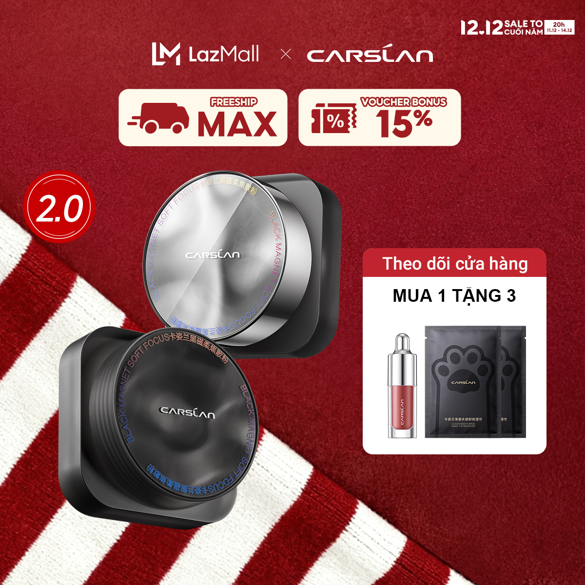 ĐỘC QUYỀN 11 20pm - 14.12|VOUCHER+QUÀ TẶNG Phấn phủ Black Magnet CARSLAN kiềm dầu màu đen chống nước chống mồ hôi che phủ bóng dầu cho mặt 8g