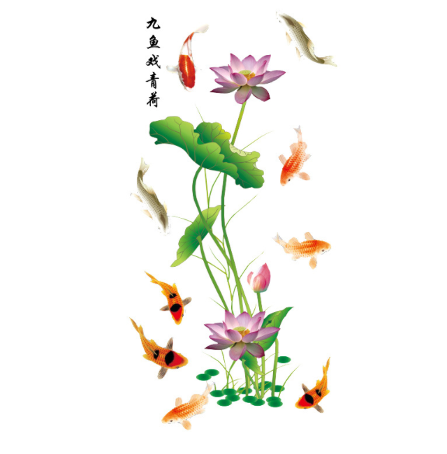 Decal trang trí phòng khách, dán tường hoa sen và cá