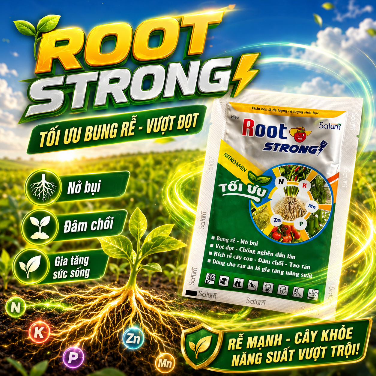 Root Strong Tối Ưu – Hỗ Trợ Bung Rễ, Vọt Đọt, Đâm Chồi, Tạo Tán, 1 Gói Pha 25 Lít Nước
