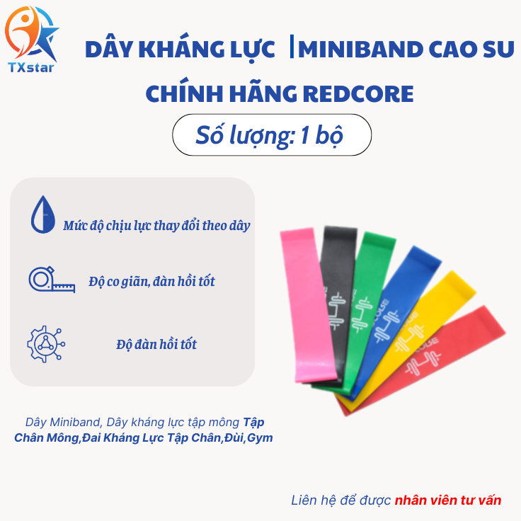 Dây kháng lực tập gym REDCORE, dây miniband tập mông đùi chất liệu cao su đàn hồi, bền bỉ