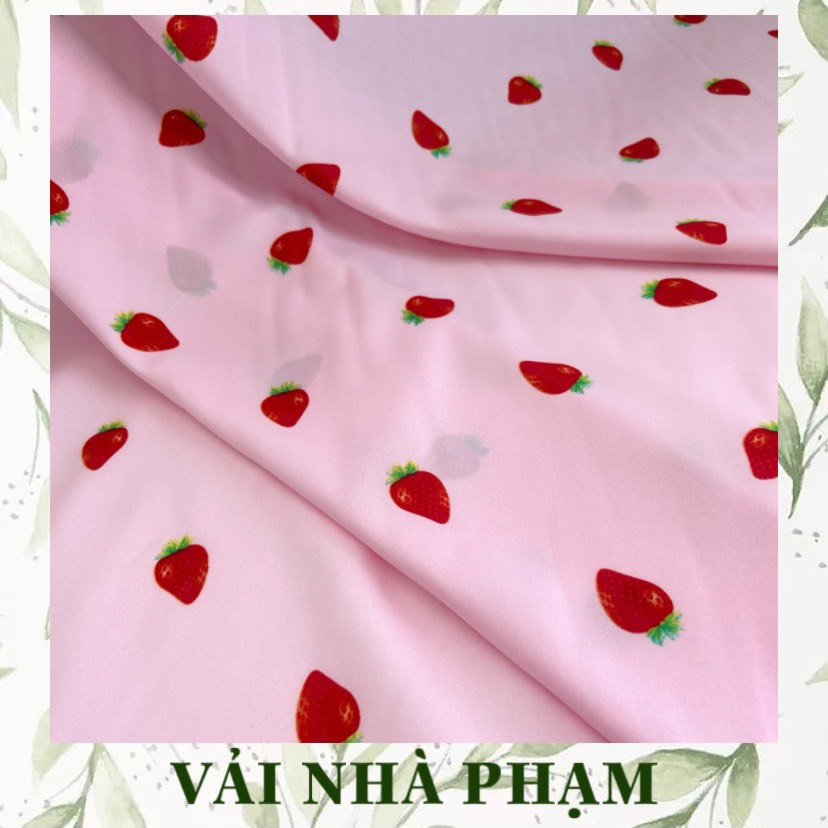 Vải lụa 75d hoạ tiết trái dâu nền hồng nhạt - khổ vải 1.5m - vải nhà phạm