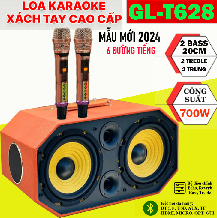 Loa Xách Tay KaraokeJBL GLT628 Kèm 2 Mic Âm Thanh Đa Chiều Hệ Thống 6 Loa 6 Đường Tiếng 2 Bass 2 treble 2 trung Công Suất Khủng Đến 700W Hiệu Chỉnh EchoDelay Reverb.Kết Nối Bluetooth 5.2 AUXUSB