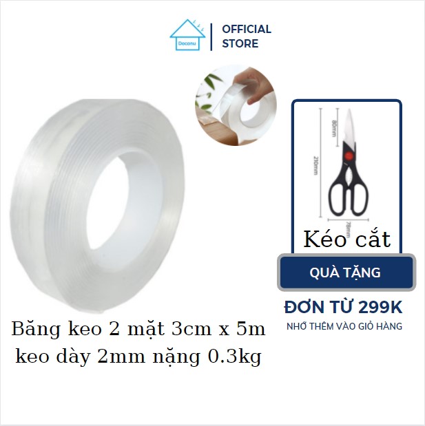 Cuộn băng keo siêu dính 2 mặt DOCONU |3cm x 5m| keo dán tường 2 mặt trong suốt siêu dính chịu lực chống thấm. [CAM KẾT BẢO HÀNH]
