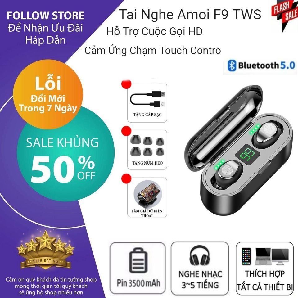 (Xả Kho Giá Sốc) Tai Nghe Bluetooth Amoi F9 Nút Cảm Ứng - Tai Nghe Công Nghệ Bluetooth 5.0 Tự Động Kết Nối - Tai Nghe Kiêm Sạc Dự Phòng 2000 mAh - Tai Nghe Chống Thấm Nước Chống Bụi - Tích Hợp Với Tất Cả Các Dòng Smart Phone