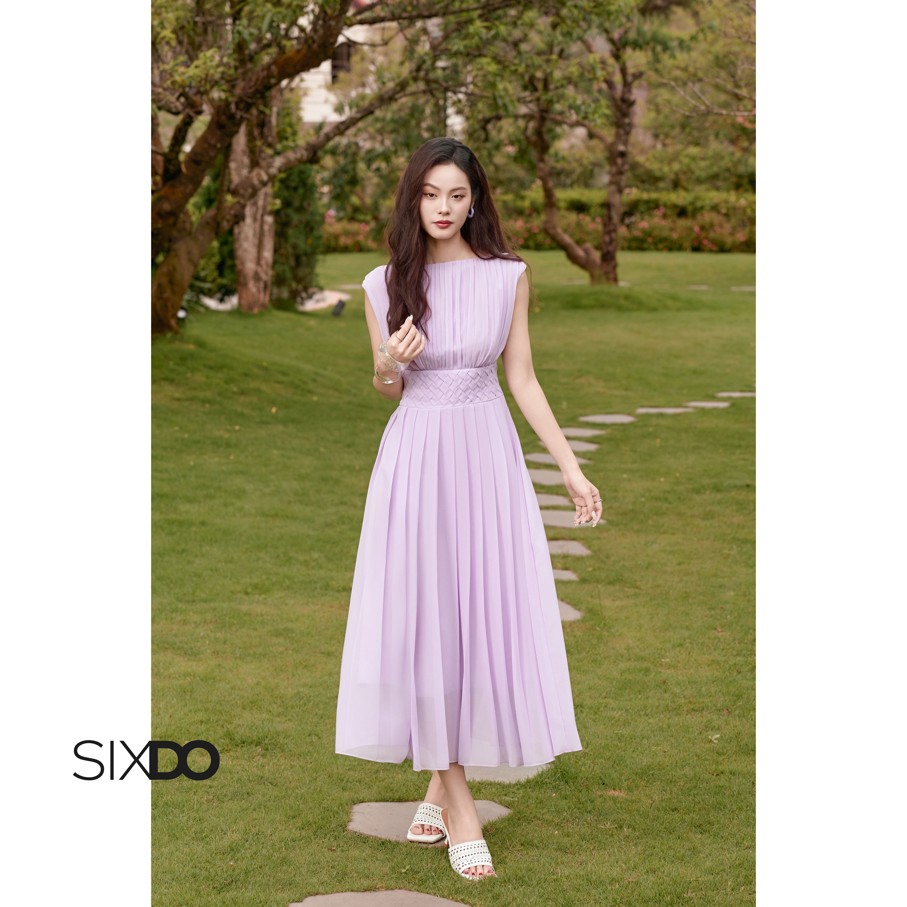  Đầm chiffon dáng xòe dài xếp ly đan eo SIXDO  Light Purple Chiffon Flared Dress  