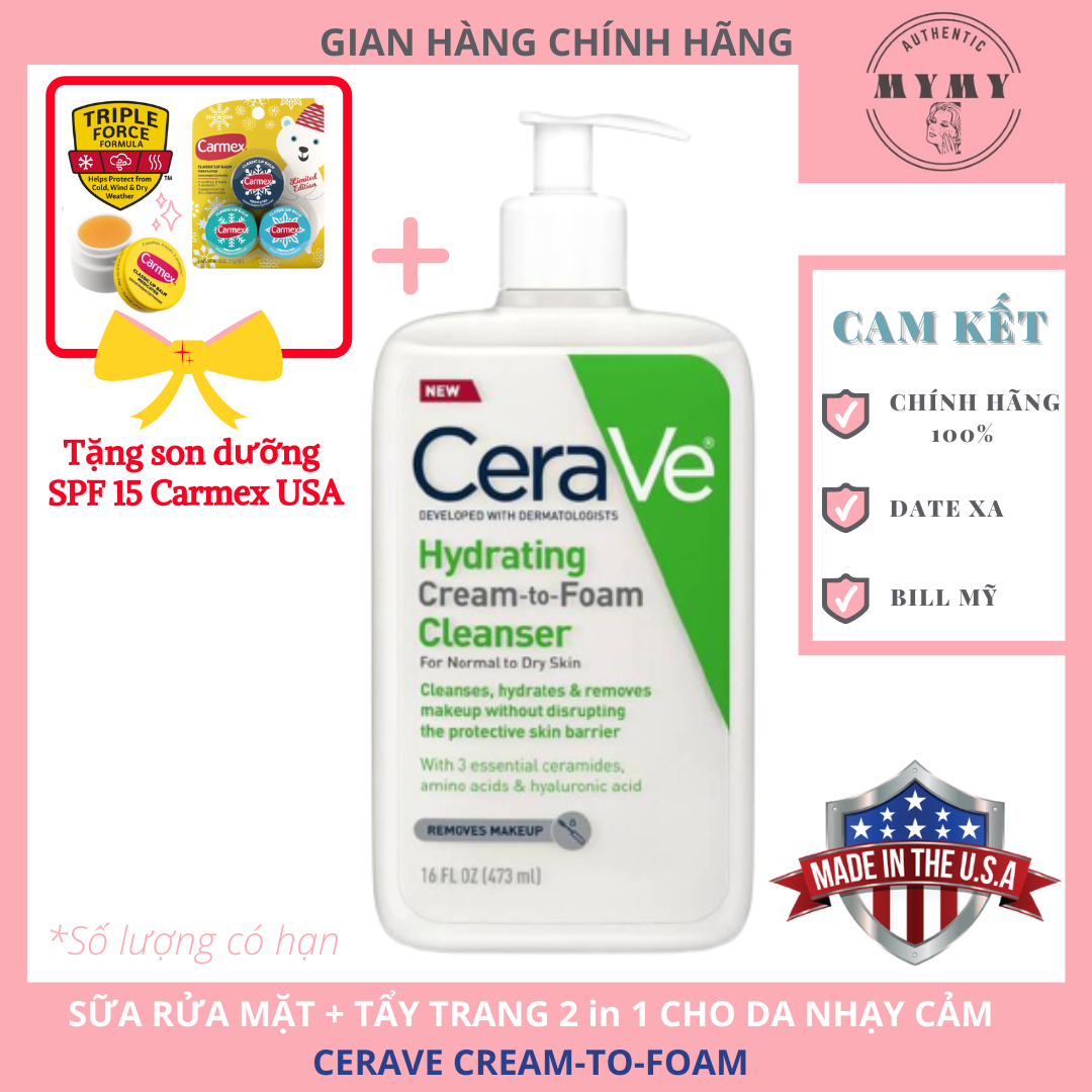 [HCM](BIG SIZE 473ML+PHIÊN BẢN MỚI) Sữa Rửa Mặt+Tẩy Trang CeraVe Hydrating Cream-to-Foam Cleanser (USA/ MỸ)