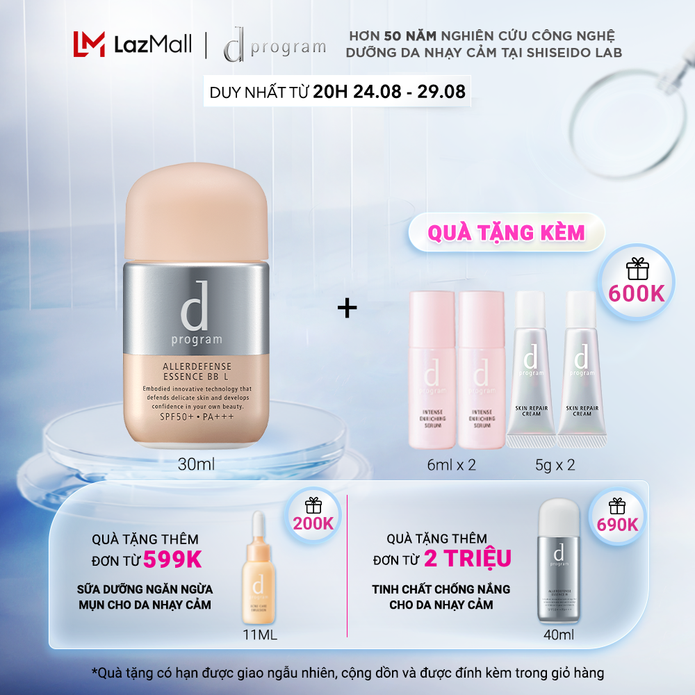 Kem chống nắng trang điểm dạng tinh chất d program dành cho da nhạy cảm Allerdefense Essence BB tông tự nhiên 30ml, SPF50, PA+++