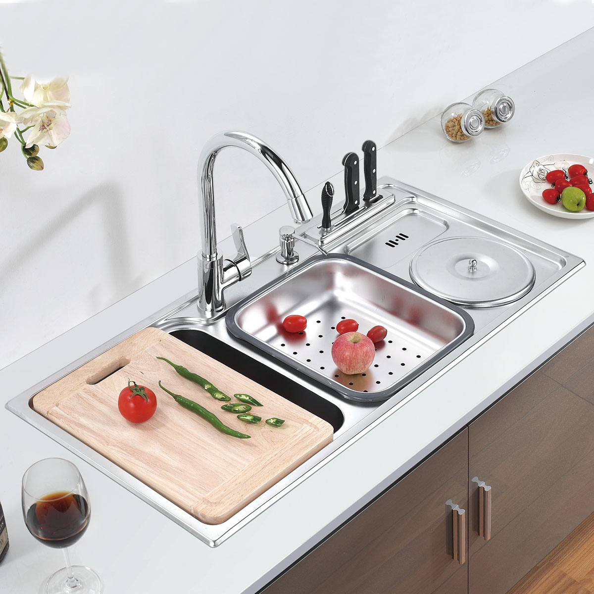 [Trả góp 0%] (Có Video) Chậu rửa chén Inox SUS304 2 hộc một hố rác Eurolife EL-C9245 (Trắng bạc)