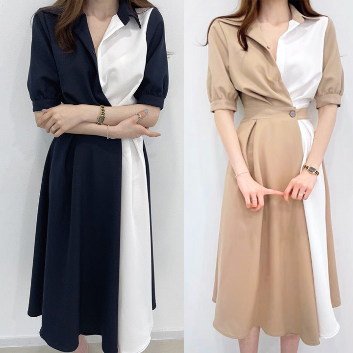 Đầm xòe công sở cổ sơ mi phối màu