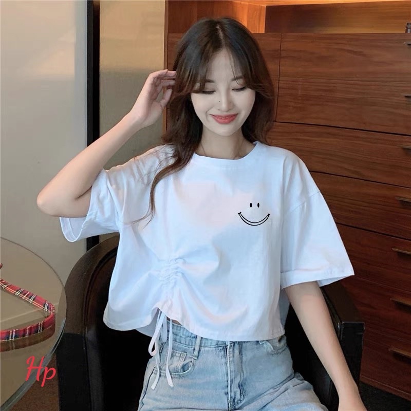 Áo Thun Nữ Áo Croptop Rút dây Logo Hình mặt cười cá tính dễ thương