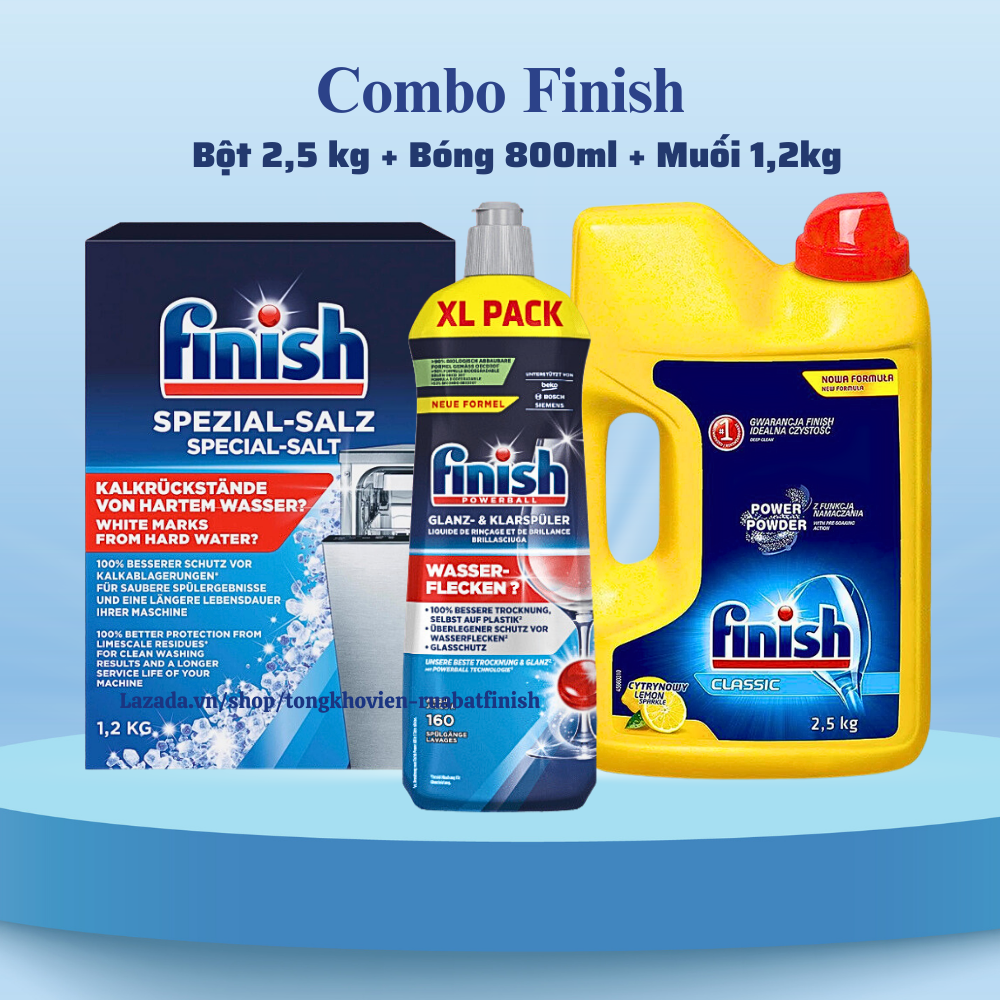 Combo bột rửa bát finish 2,5kg 2,2kg 1,3kg+Bóng finish 800ml+Muối finish 1,2kg dùng cho máy rửa bát