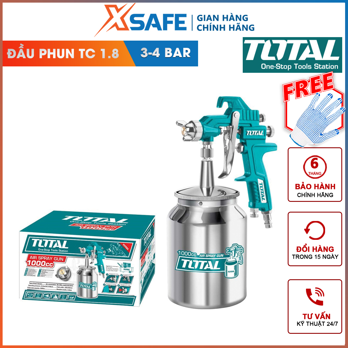 Súng phun sơn Total TAT11005 Máy phun sơn cầm tay Đầu vòi 15mm Áp lực: 3-4bar Mức tiêu thụ 42-71cfm Bề rộng lớp sơn 140-180mm Dung tích bình 1000c Hỗ trợ sơn gỗ, sơn ô tô, nội thất, xe máy giúp lớp sơn sáng bóng,