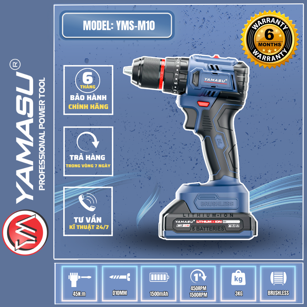 Máy khoan vít pin 21v yamasu yms-m10 đầu 10mm với 20 cấp độ siết, 3 chế độ khoan và 2 tốc độ lực