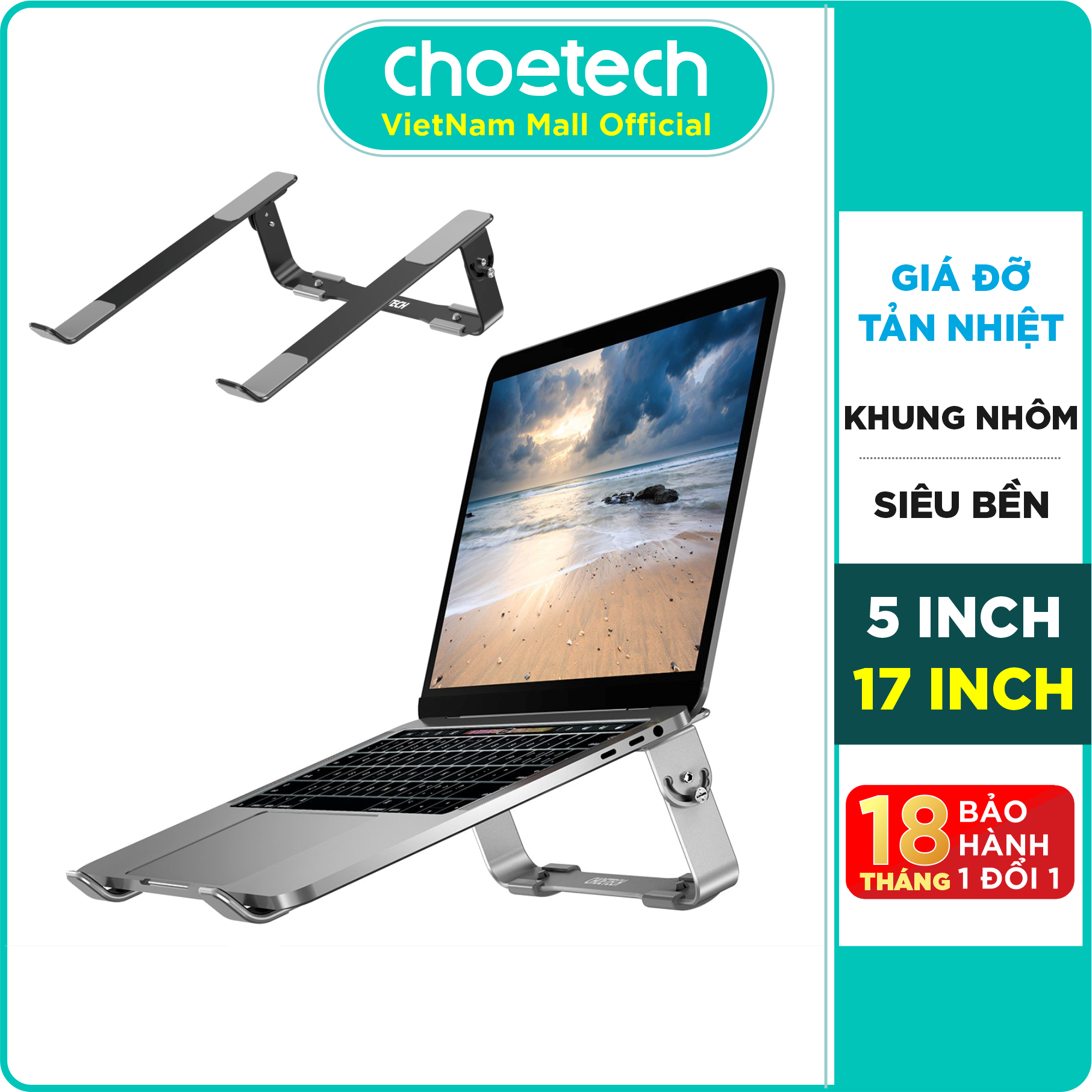 Giá đỡ tản nhiệt laptop macbook từ 9 đến 17 inch khung nhôm cao cấp choetech h033 - hàng chính hãng
