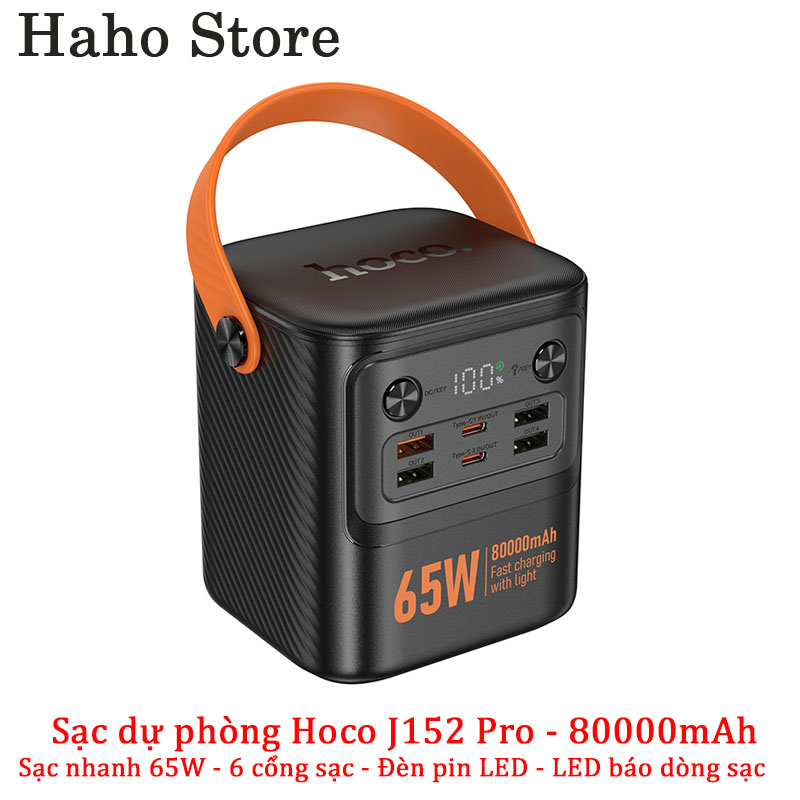  Sạc dự phòng Hoco J152 Pro Dung lượng 80000mAh với 6 cổng sạc sạc nhanh PD65W màn hình LED có quai treo kèm đèn pin 