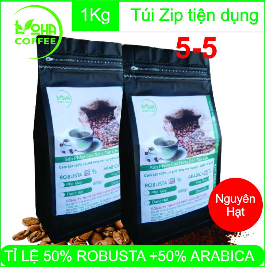 1kg cà phê Hạt Rang Mộc LOHA COFFEE tỷ lệ 5-5 (50% Robusta + 50% Arabica)cafe Loha - whole bean